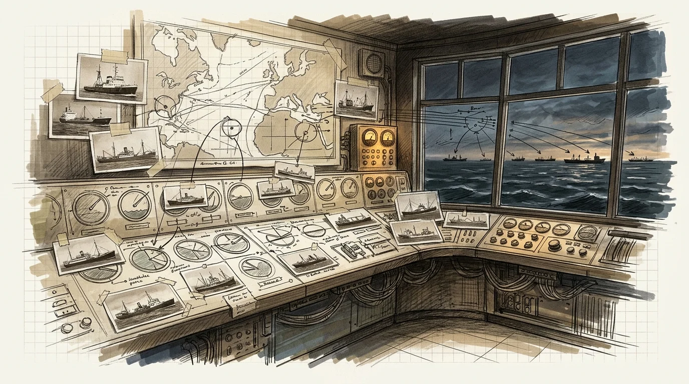 Pencil sketch of a lighthouse control room with ships on the horizon