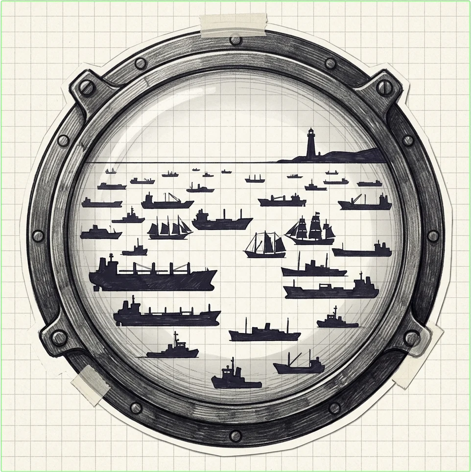 Porthole full of ship silhouettes