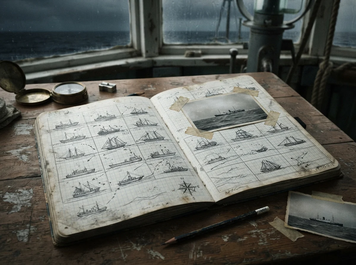 An open ledger of ship sketches on a wooden desk
