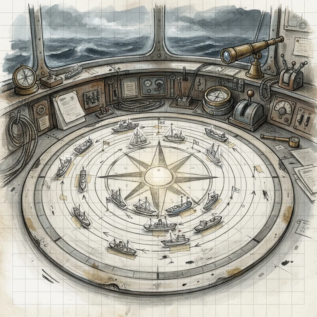Paper ships circling a compass rose on a round chart table